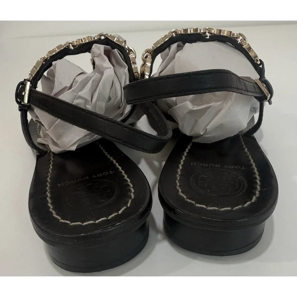 Tory Burch Gemini Black Leather Gold Chain T Link Strap Sandals Size 6.5